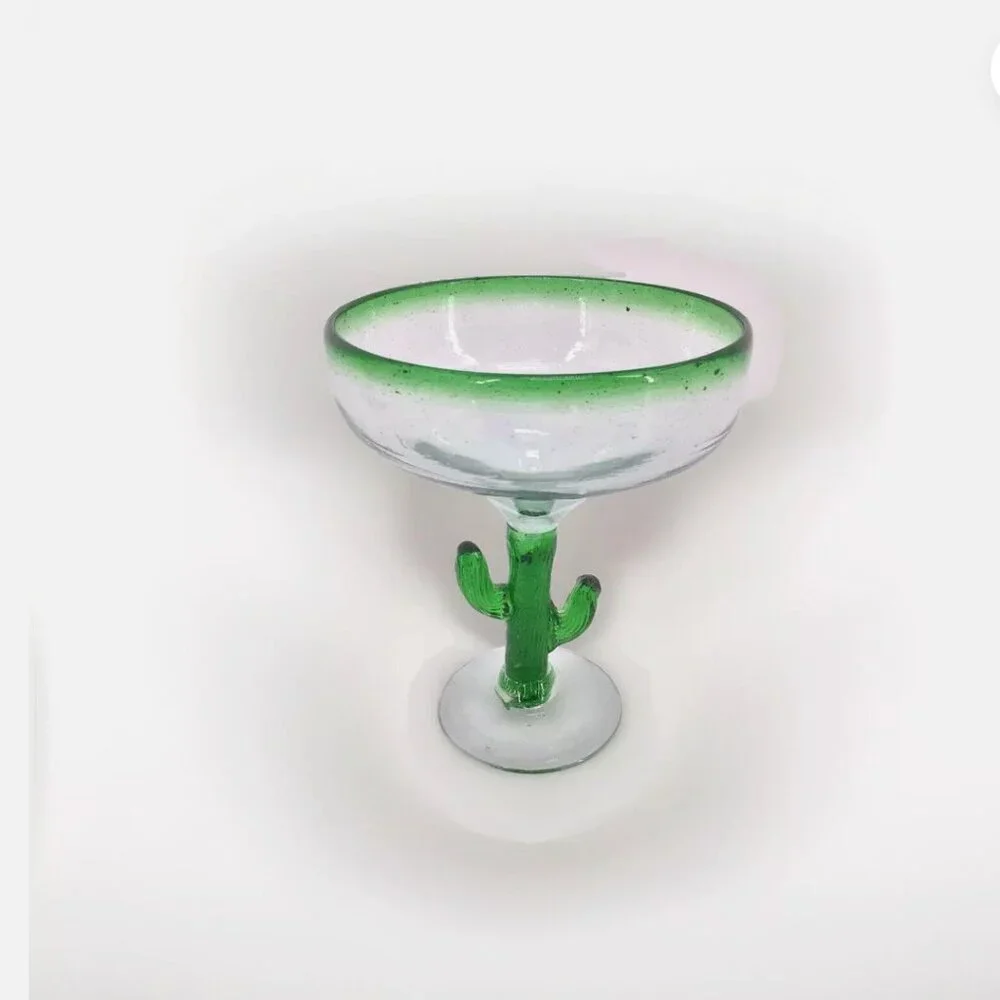 Handblown Mexican Margarita Green Rim Bubble Glass Cactus Stem